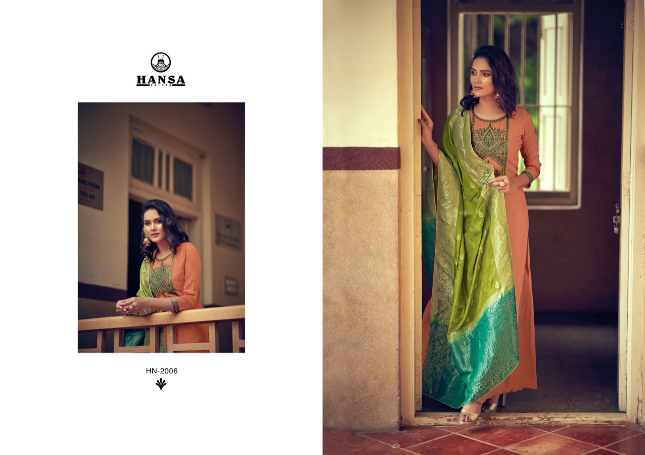 Hansa Prints Launched Saanj Bsy Dola Silk Dyed With Embroidery Work Salwar Suits Wholesale Dealer Surat