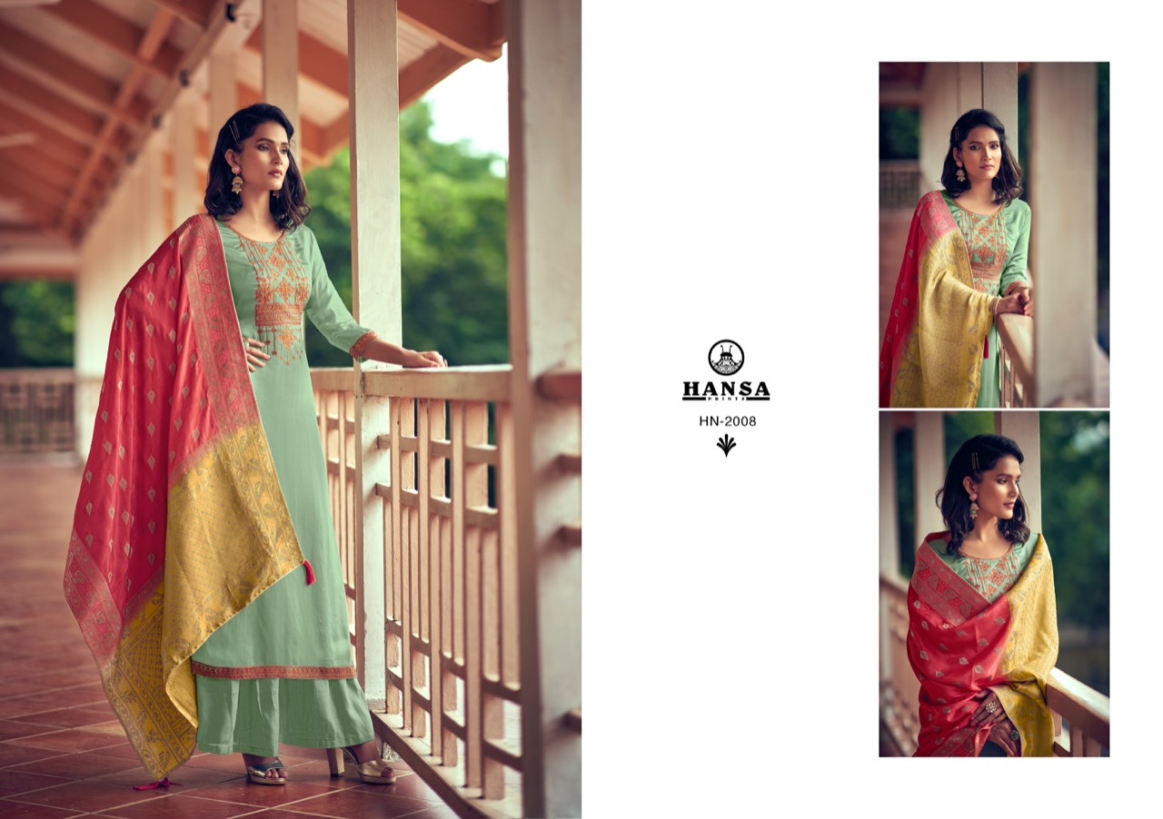 Hansa Prints Launched Saanj Bsy Dola Silk Dyed With Embroidery Work Salwar Suits Wholesale Dealer Surat