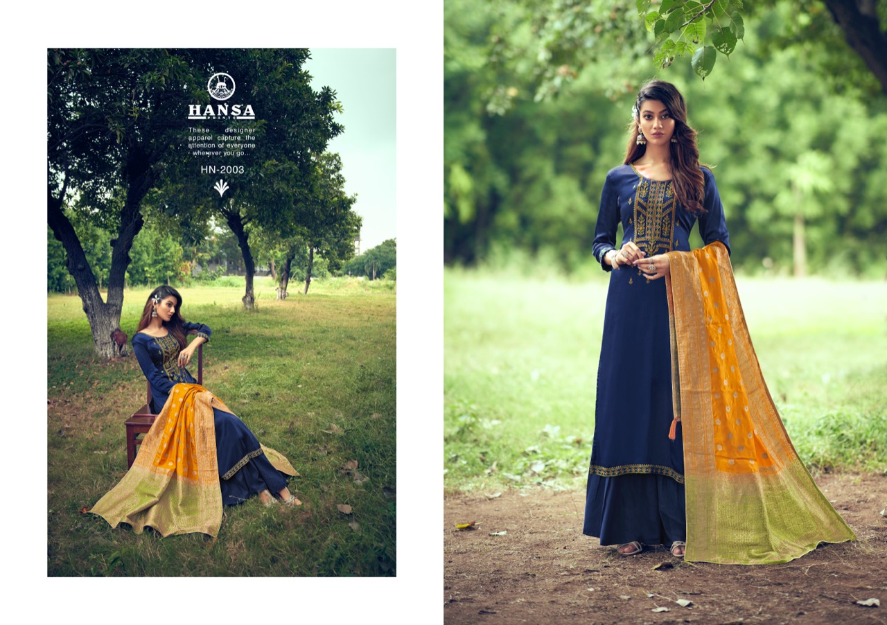 Hansa Prints Launched Saanj Bsy Dola Silk Dyed With Embroidery Work Salwar Suits Wholesale Dealer Surat