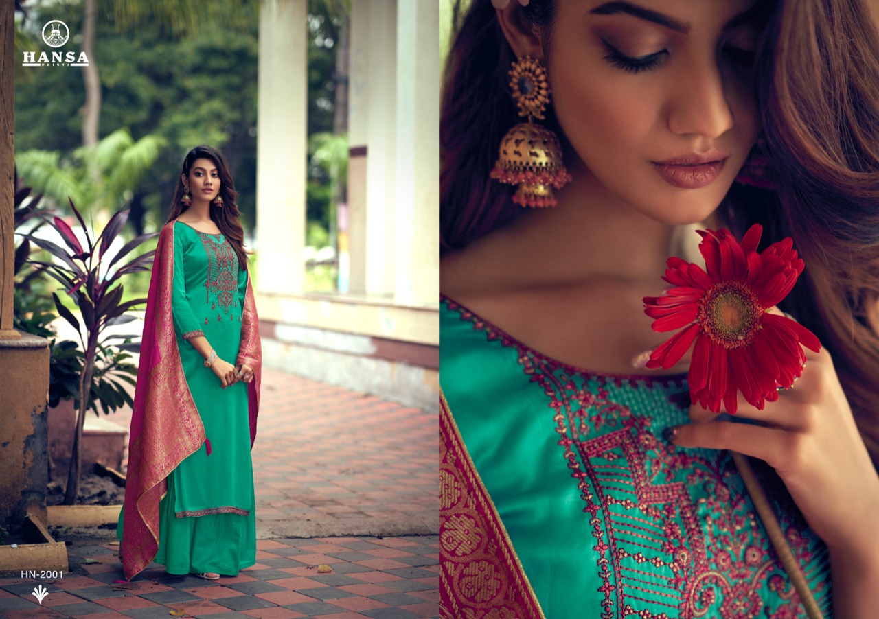 Hansa Prints Launched Saanj Bsy Dola Silk Dyed With Embroidery Work Salwar Suits Wholesale Dealer Surat