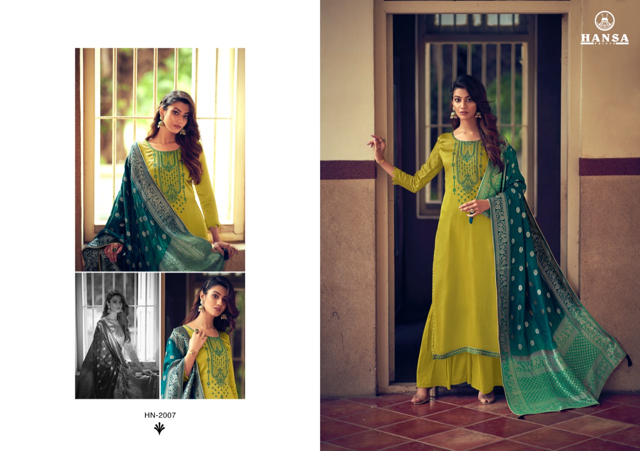 Hansa Prints Launched Saanj Bsy Dola Silk Dyed With Embroidery Work Salwar Suits Wholesale Dealer Surat