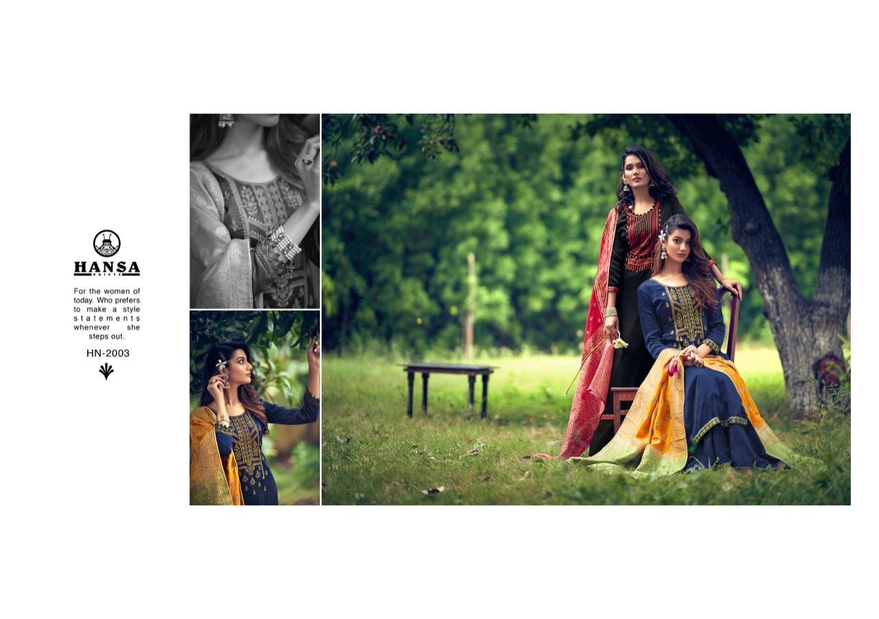Hansa Prints Launched Saanj Bsy Dola Silk Dyed With Embroidery Work Salwar Suits Wholesale Dealer Surat