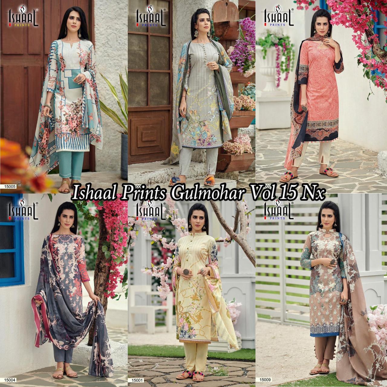 Ishaal Prints Launched Gulmohar Vol 15 Nx Pure Lawn Dress Material Salwar Suits Wholesale Dealer Surat