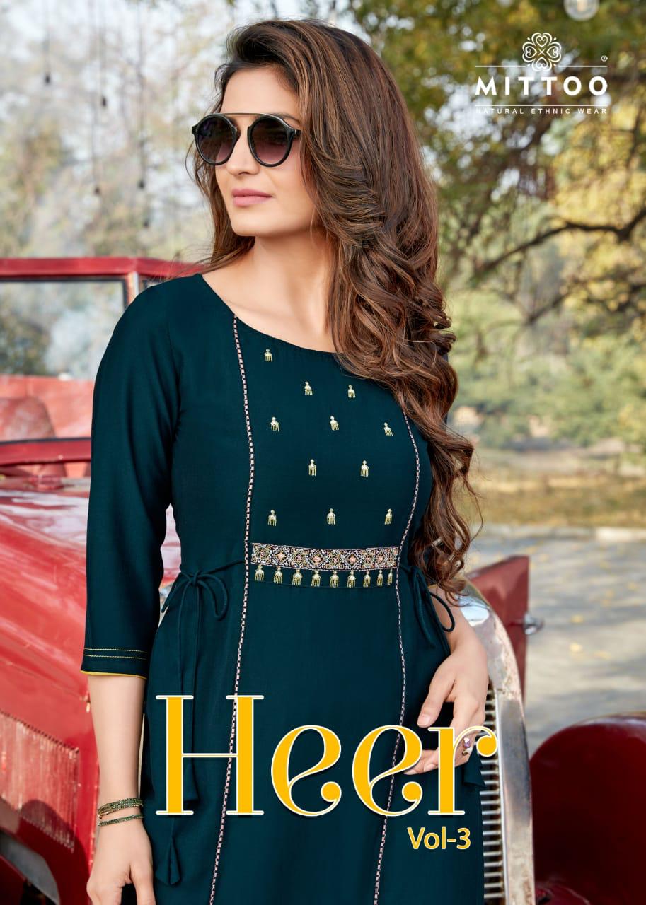 Mittoo Launched Heer Vol 3 Heavy Rayon With Stylish Embroidery Work Long Straight Kurtis Wholesale Dealer Surat
