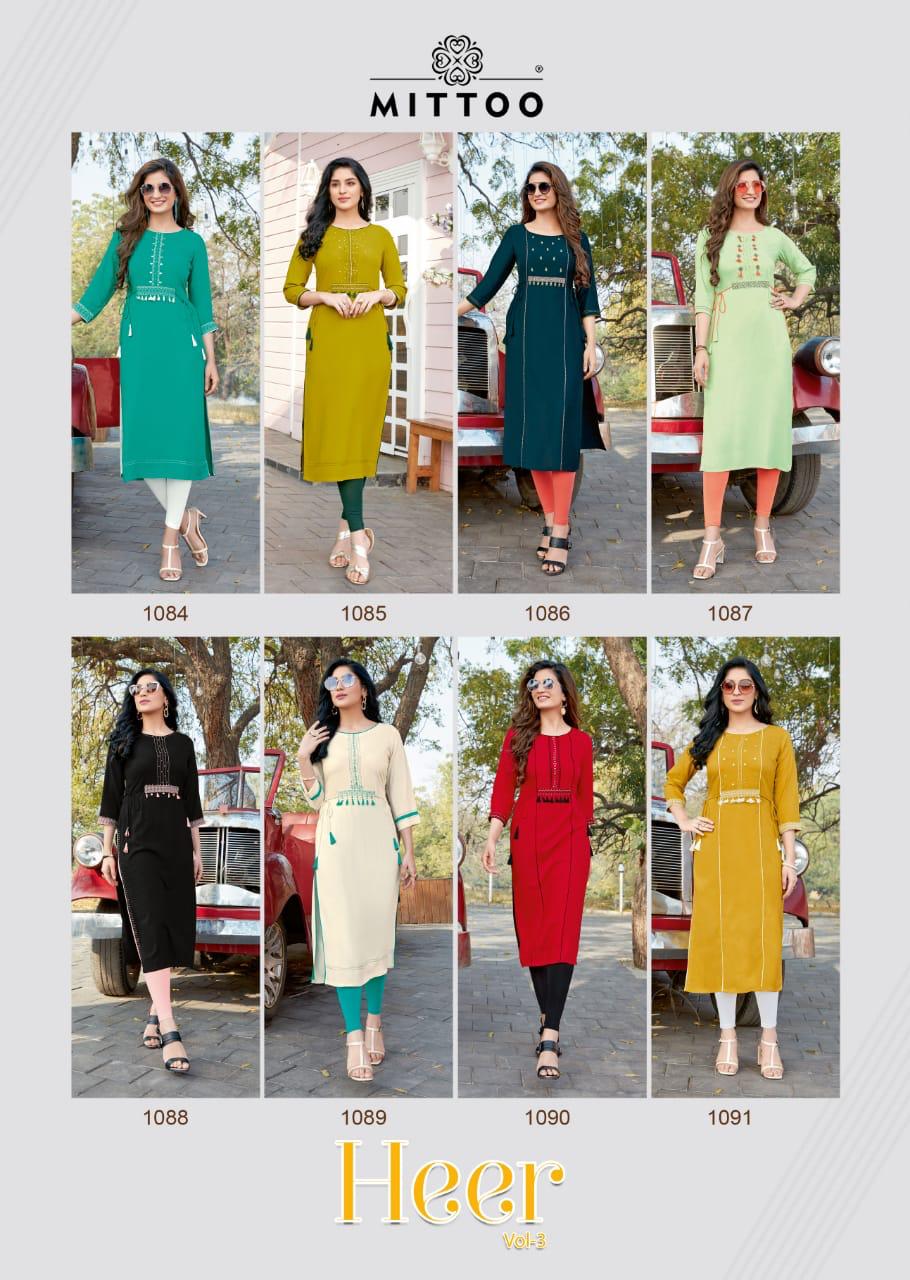 Mittoo Launched Heer Vol 3 Heavy Rayon With Stylish Embroidery Work Long Straight Kurtis Wholesale Dealer Surat