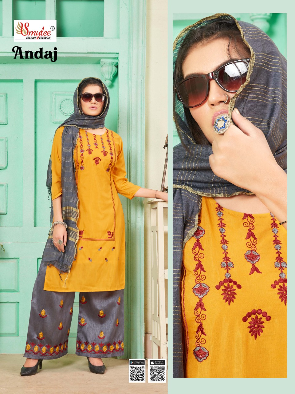 Smylee Fashion Presents Andaj Heavy Maslin Fabric With Embroidery Work Kurtis And Plazzo Wholesale Dealer Surat