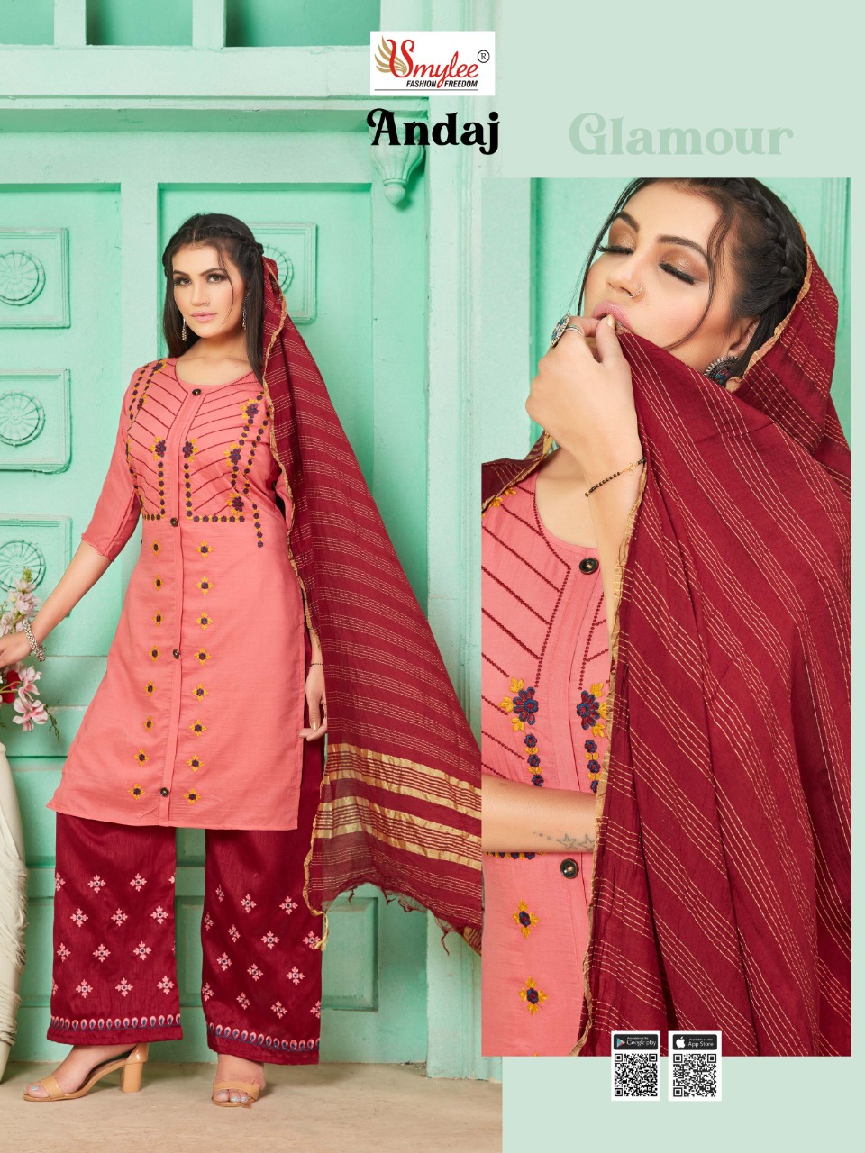 Smylee Fashion Presents Andaj Heavy Maslin Fabric With Embroidery Work Kurtis And Plazzo Wholesale Dealer Surat