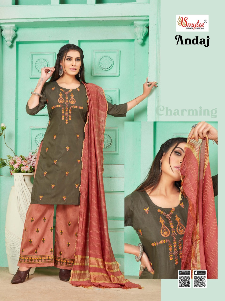 Smylee Fashion Presents Andaj Heavy Maslin Fabric With Embroidery Work Kurtis And Plazzo Wholesale Dealer Surat