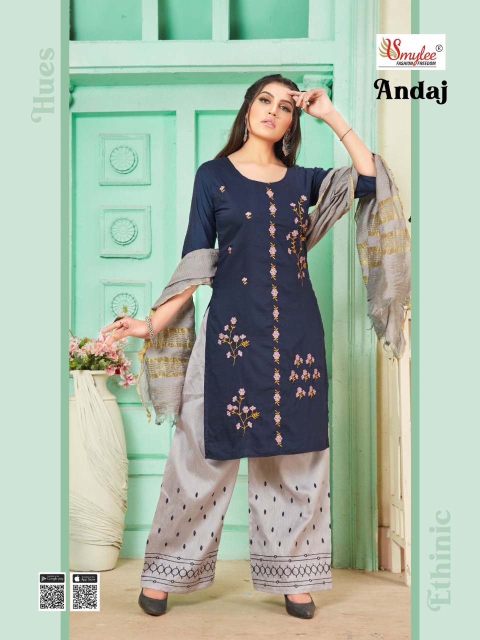 Smylee Fashion Presents Andaj Heavy Maslin Fabric With Embroidery Work Kurtis And Plazzo Wholesale Dealer Surat