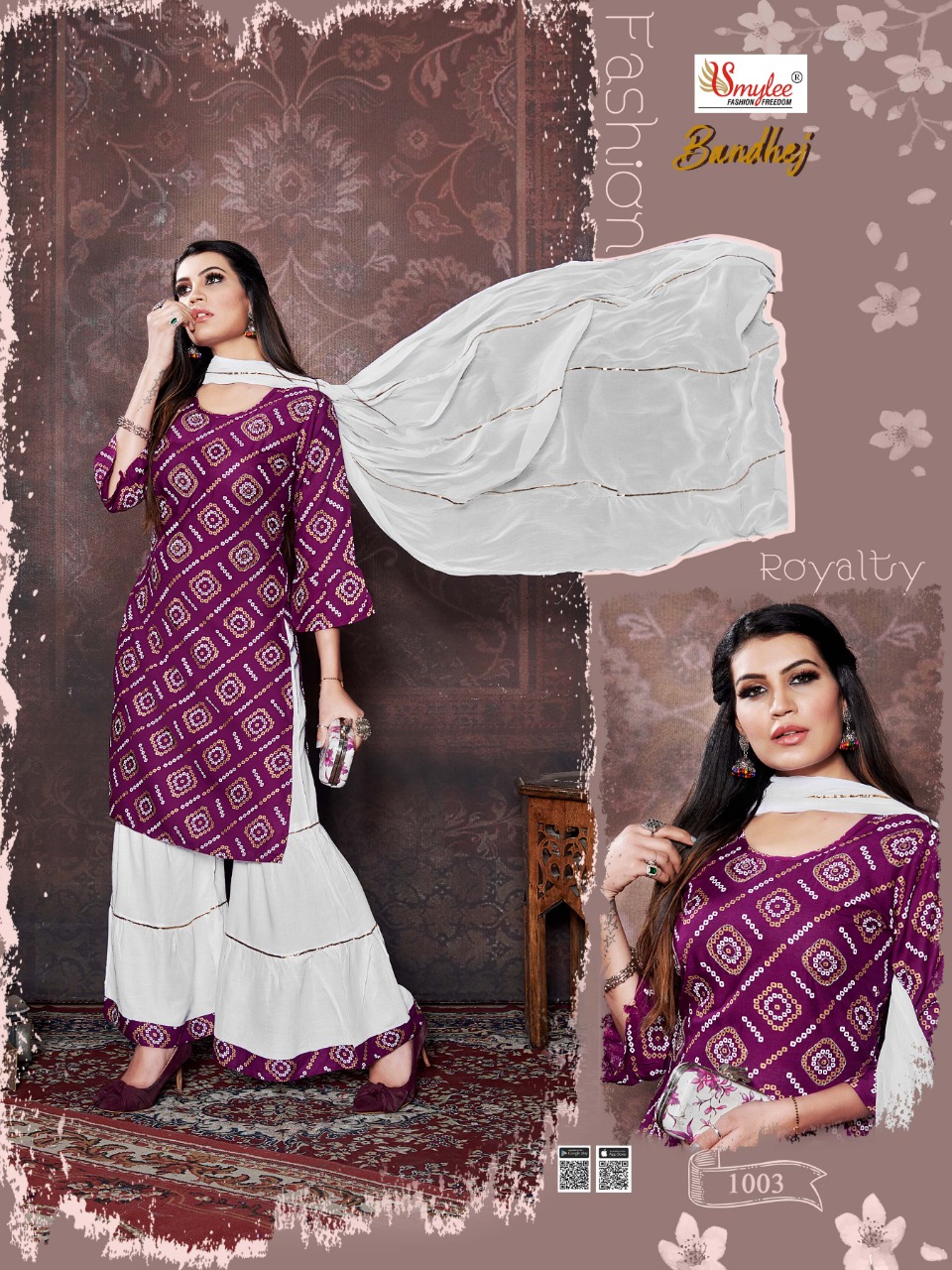 Smylee Fashion Launched Bandhej Heavy Rayon Bandhej Print With Hand Work Kurtis And Sharara Bottoms Wholesale Dealer Surat