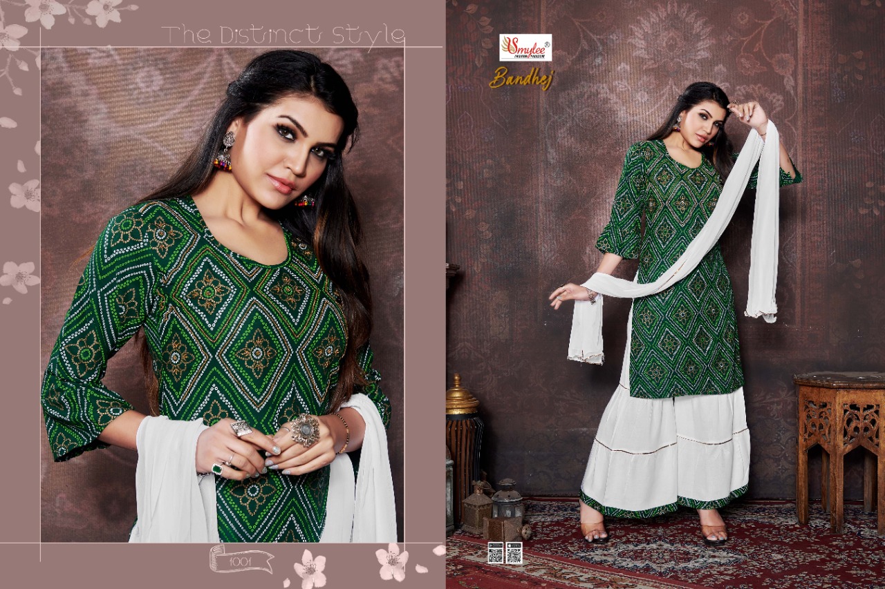 Smylee Fashion Launched Bandhej Heavy Rayon Bandhej Print With Hand Work Kurtis And Sharara Bottoms Wholesale Dealer Surat