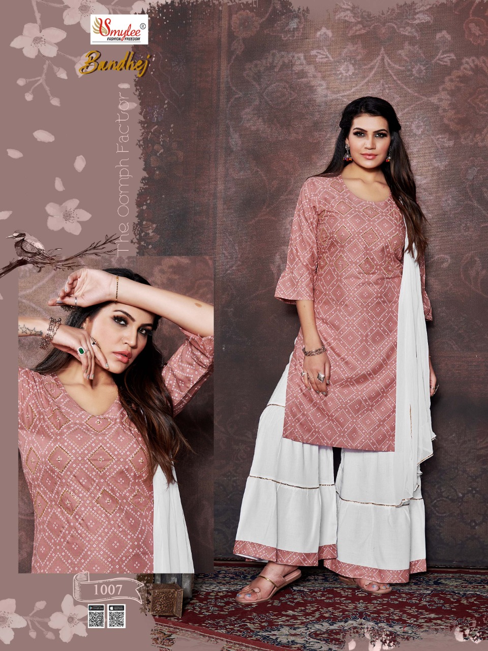 Smylee Fashion Launched Bandhej Heavy Rayon Bandhej Print With Hand Work Kurtis And Sharara Bottoms Wholesale Dealer Surat