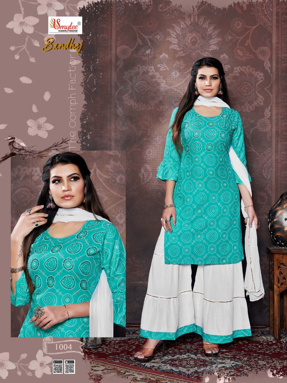 Smylee Fashion Launched Bandhej Heavy Rayon Bandhej Print With Hand Work Kurtis And Sharara Bottoms Wholesale Dealer Surat