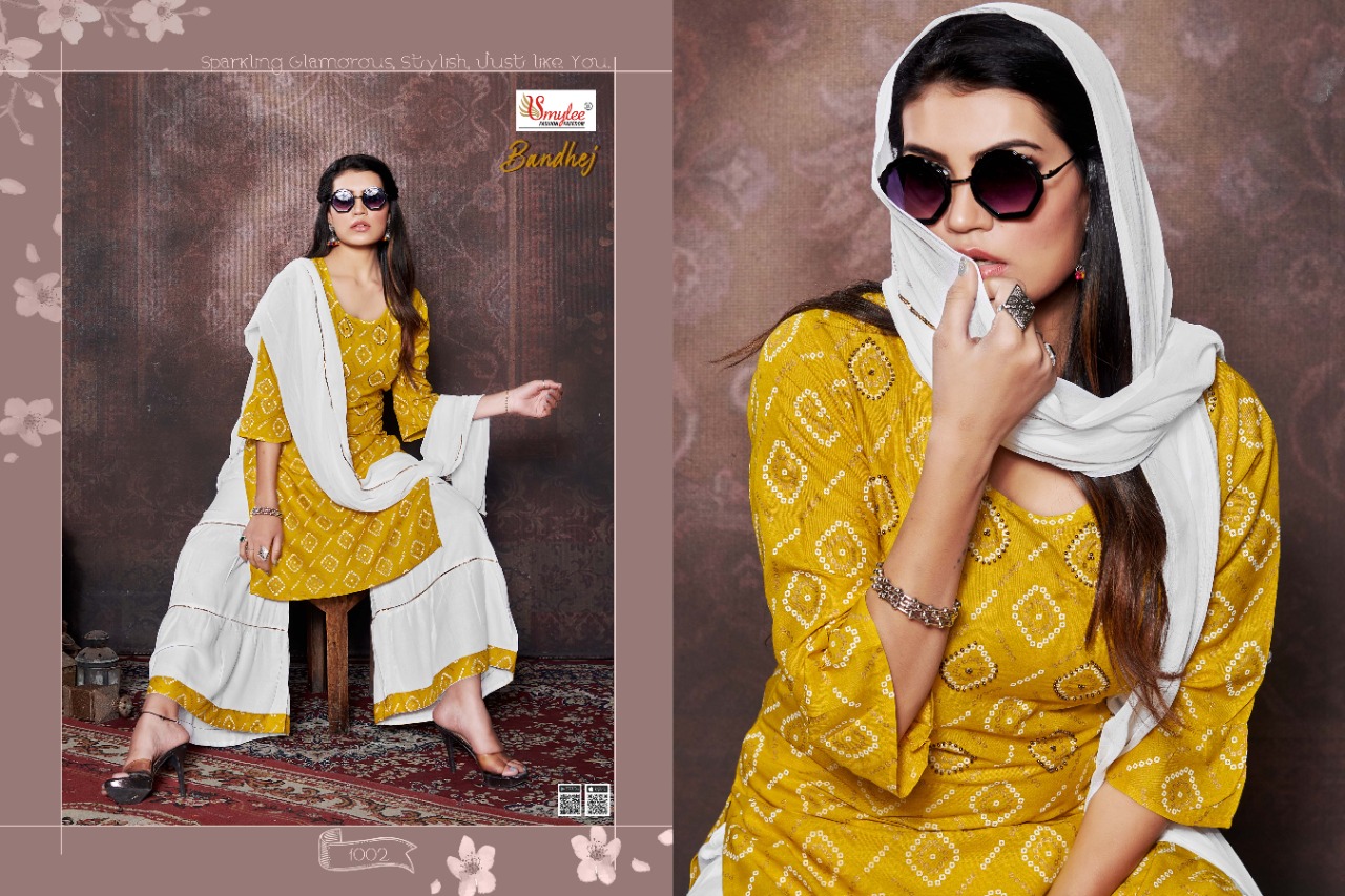 Smylee Fashion Launched Bandhej Heavy Rayon Bandhej Print With Hand Work Kurtis And Sharara Bottoms Wholesale Dealer Surat
