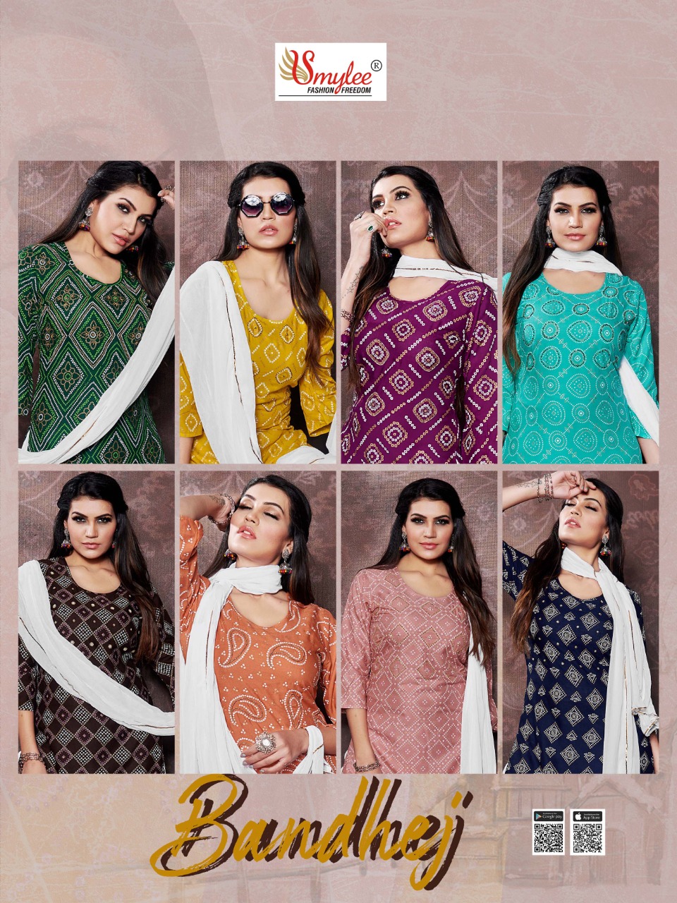 Smylee Fashion Launched Bandhej Heavy Rayon Bandhej Print With Hand Work Kurtis And Sharara Bottoms Wholesale Dealer Surat