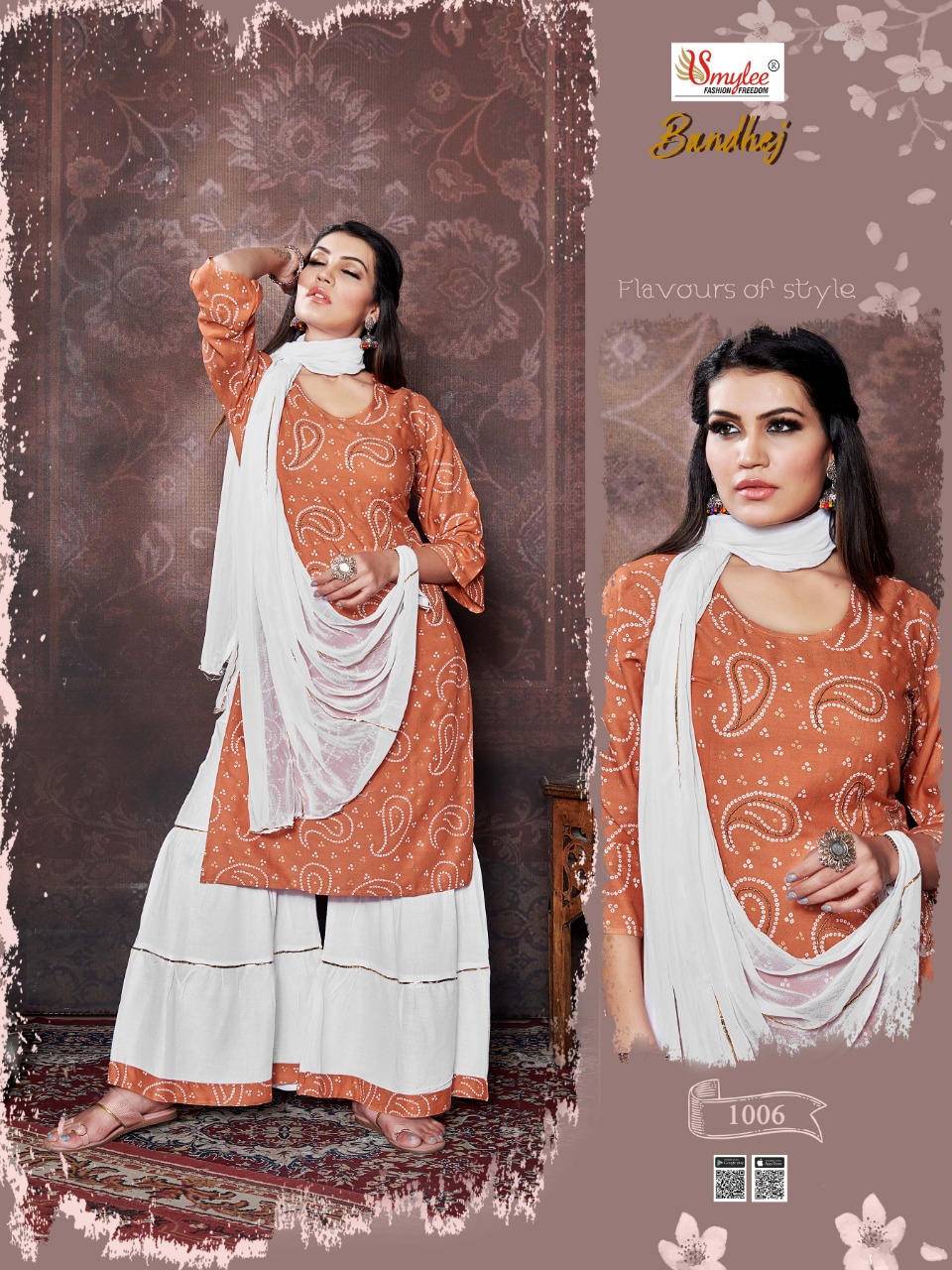 Smylee Fashion Launched Bandhej Heavy Rayon Bandhej Print With Hand Work Kurtis And Sharara Bottoms Wholesale Dealer Surat
