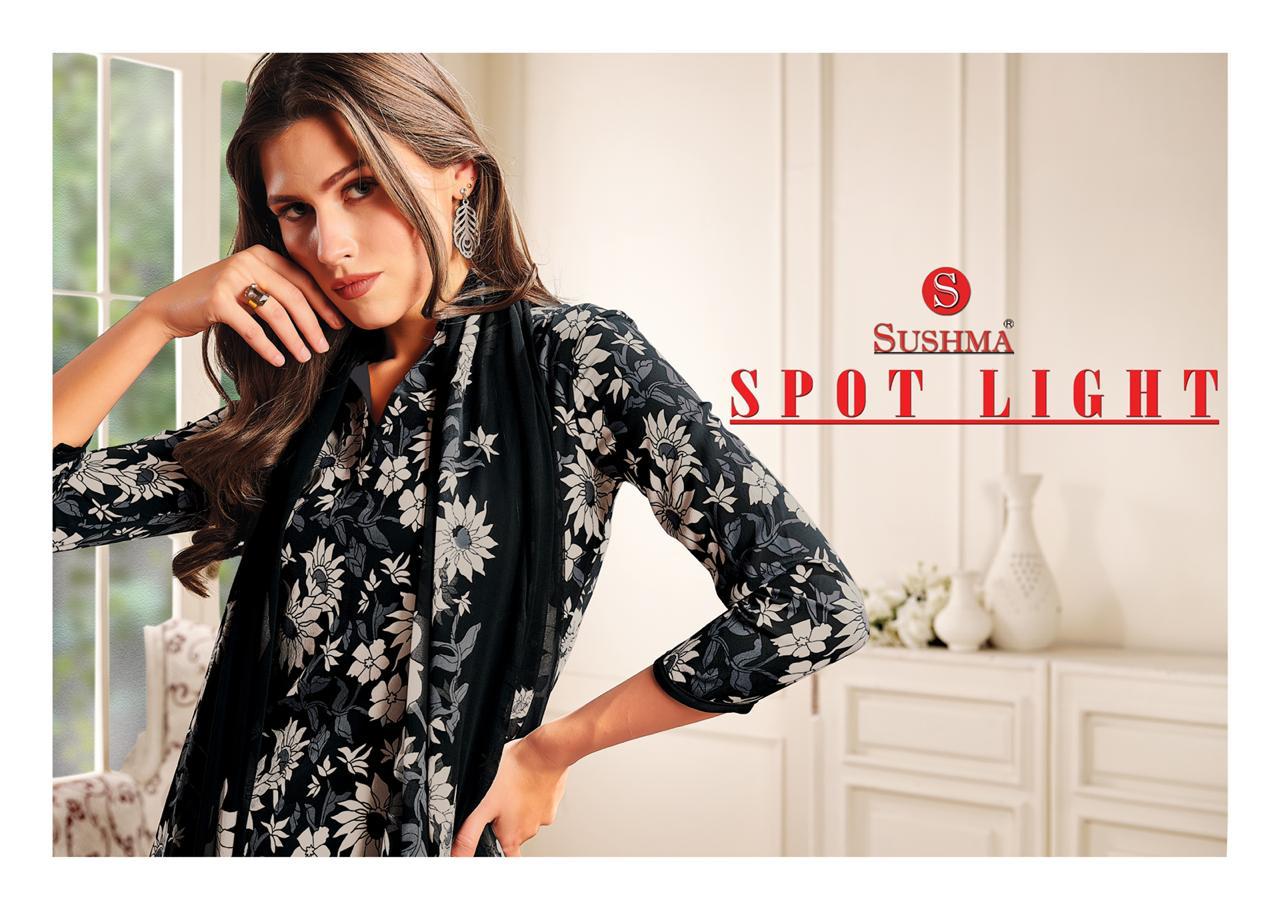 Sushma Launched Spot Light Creamy Crape Fancy Designer Dress Material Salwar Suits Wholesale Dealer Surat