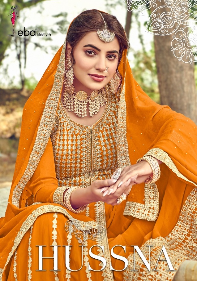 Eba Lifestyle Hussna Semi Pure With Heavy Embroidery Work Long Gown Style Pakistani Collection Salwar Kameez Wholesale Dealer Surat