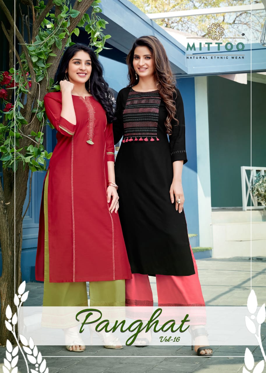 Mittoo Panghat Vol 16 Heavy Rayon With Embroidery Hand Work Long Straight Type Casual Wear Kurtis And Plazzo Wholesaler Dealer Surat