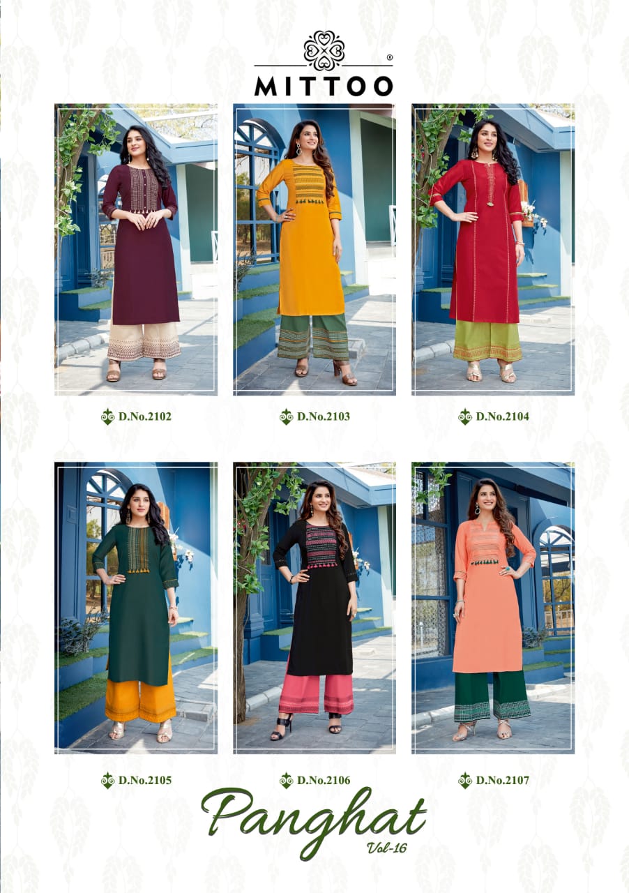 Mittoo Panghat Vol 16 Heavy Rayon With Embroidery Hand Work Long Straight Type Casual Wear Kurtis And Plazzo Wholesaler Dealer Surat