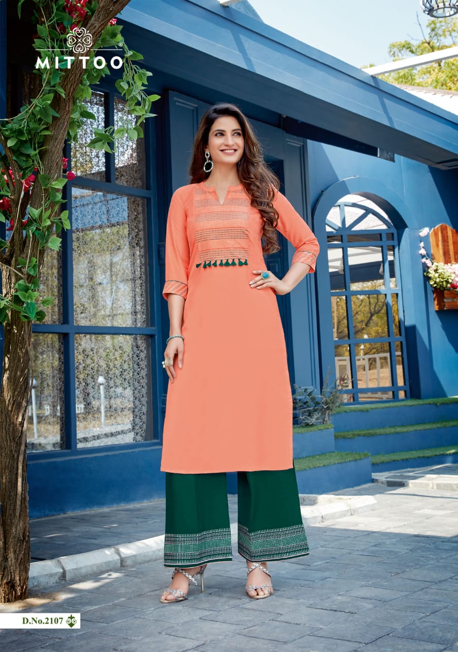 Mittoo Panghat Vol 16 Heavy Rayon With Embroidery Hand Work Long Straight Type Casual Wear Kurtis And Plazzo Wholesaler Dealer Surat