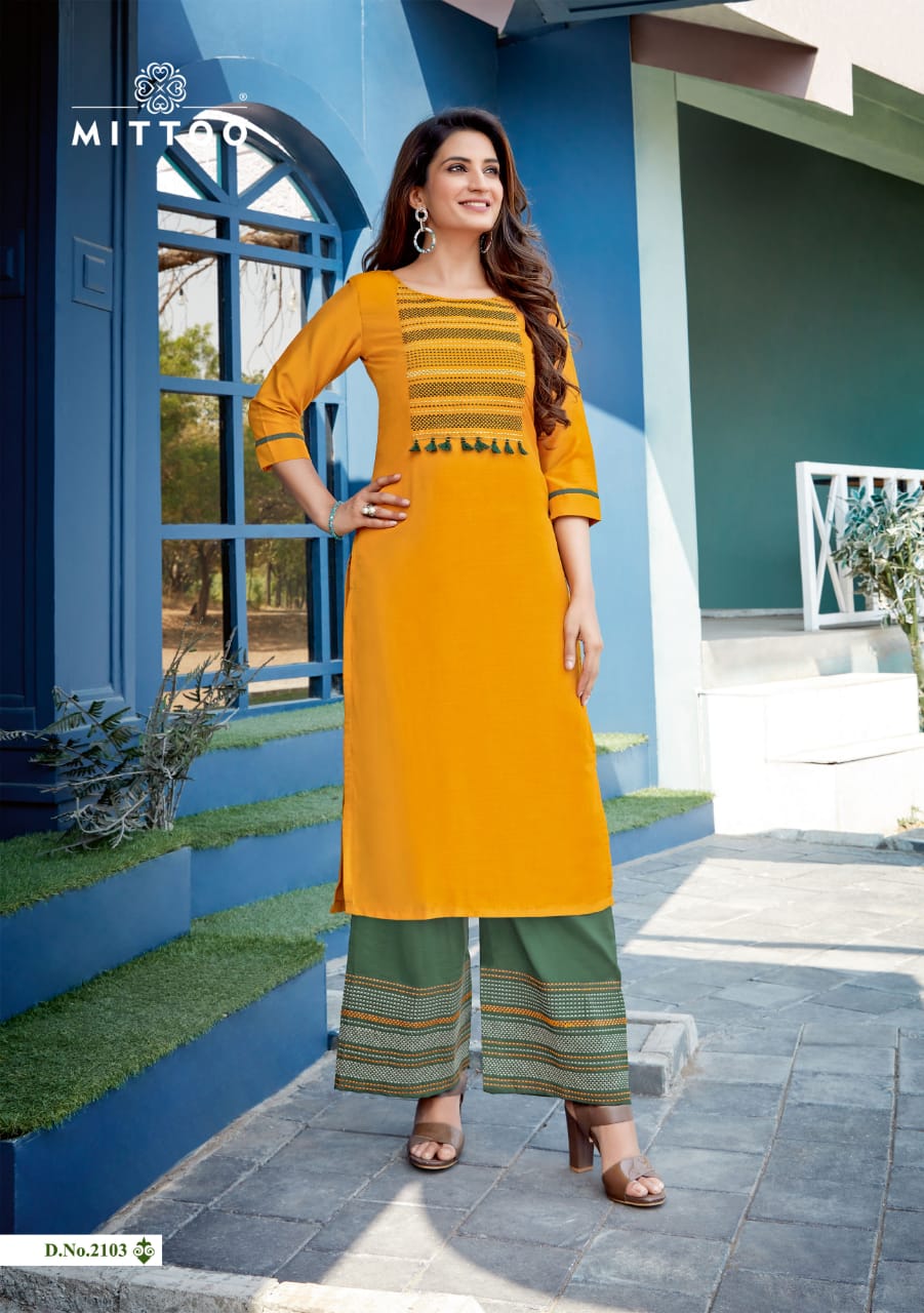 Mittoo Panghat Vol 16 Heavy Rayon With Embroidery Hand Work Long Straight Type Casual Wear Kurtis And Plazzo Wholesaler Dealer Surat