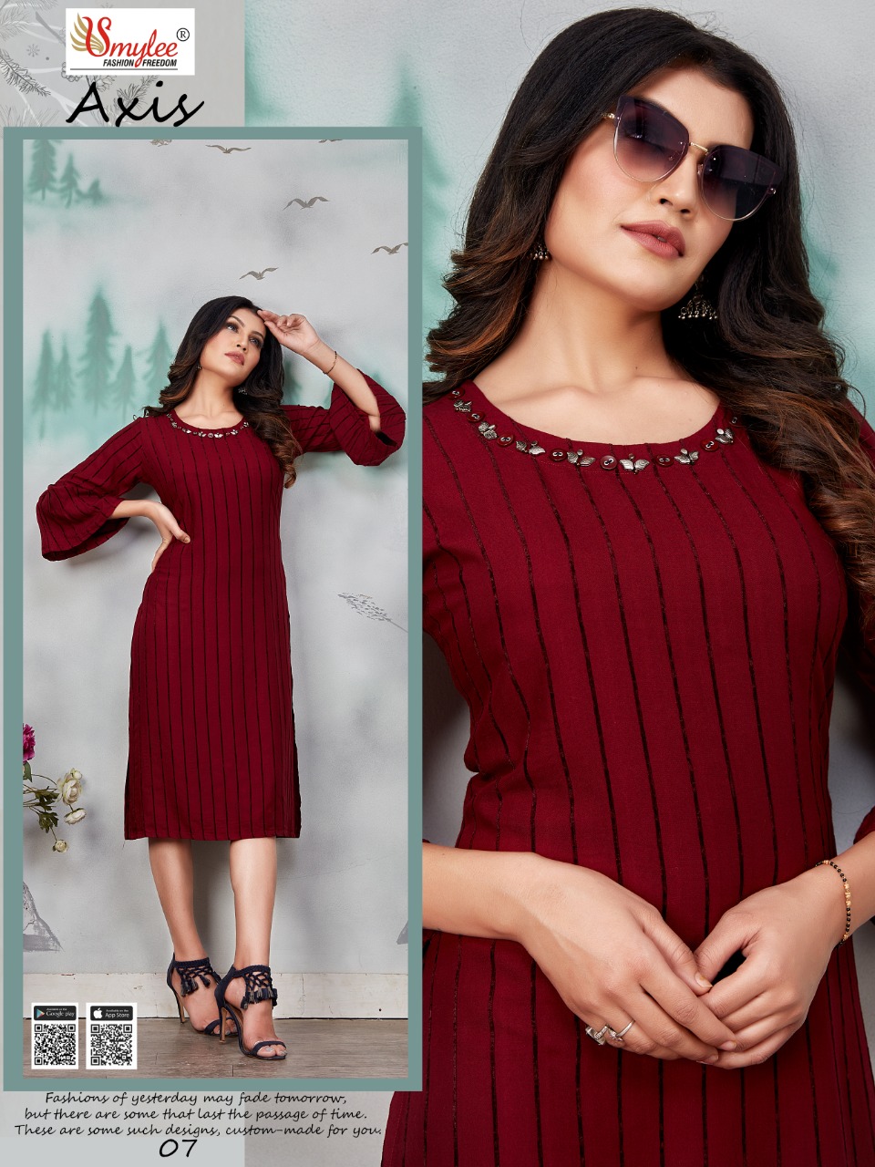 Smylee Fashion Axis Heavy Bombay Valvet Linning  With  Neck Embroidery Work Long Straight Kurtis Wholesale Dealer Surat