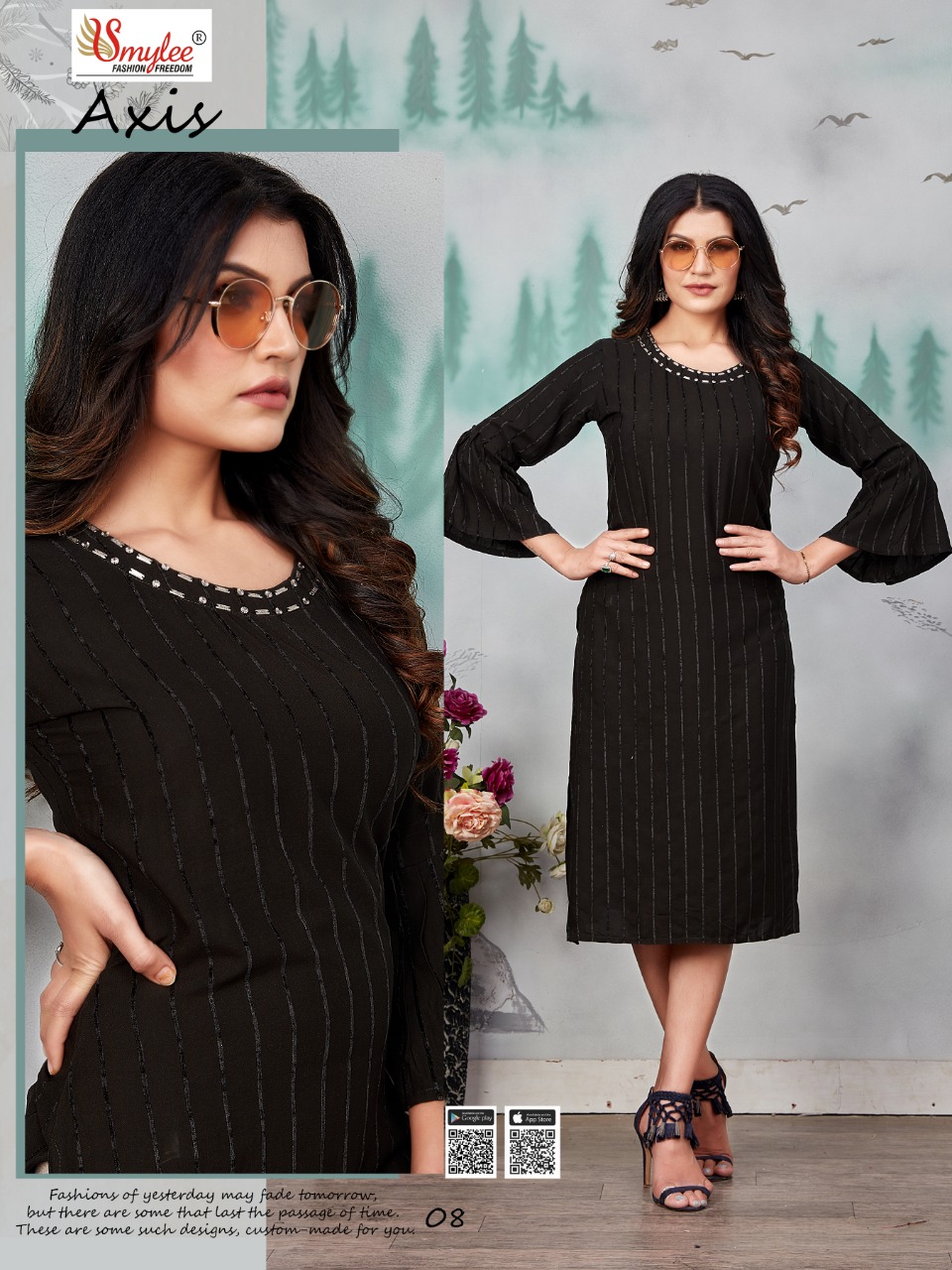Smylee Fashion Axis Heavy Bombay Valvet Linning  With  Neck Embroidery Work Long Straight Kurtis Wholesale Dealer Surat