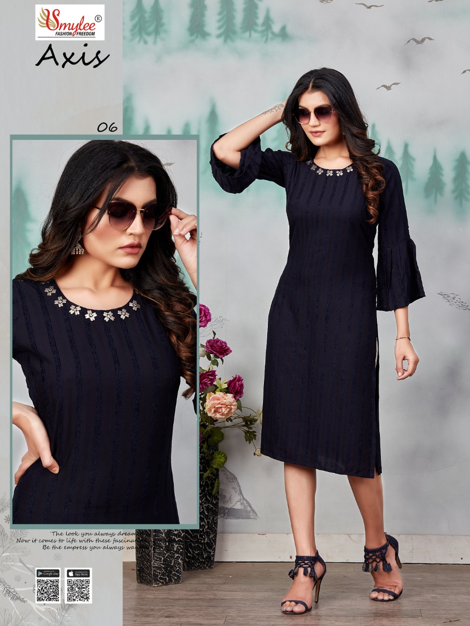 Smylee Fashion Axis Heavy Bombay Valvet Linning  With  Neck Embroidery Work Long Straight Kurtis Wholesale Dealer Surat
