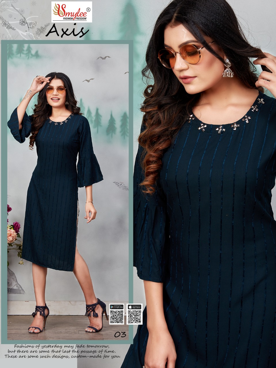 Smylee Fashion Axis Heavy Bombay Valvet Linning  With  Neck Embroidery Work Long Straight Kurtis Wholesale Dealer Surat