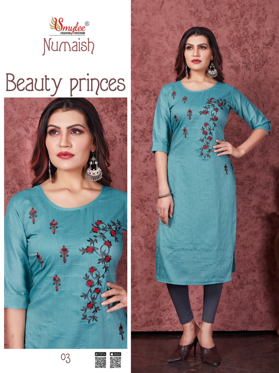 Smylee Fashion Numaish Heavy Silk Weving Lining With Manual Embroidery Work Long Straight Type Casual Wear Kurtis Wholesaler Surat