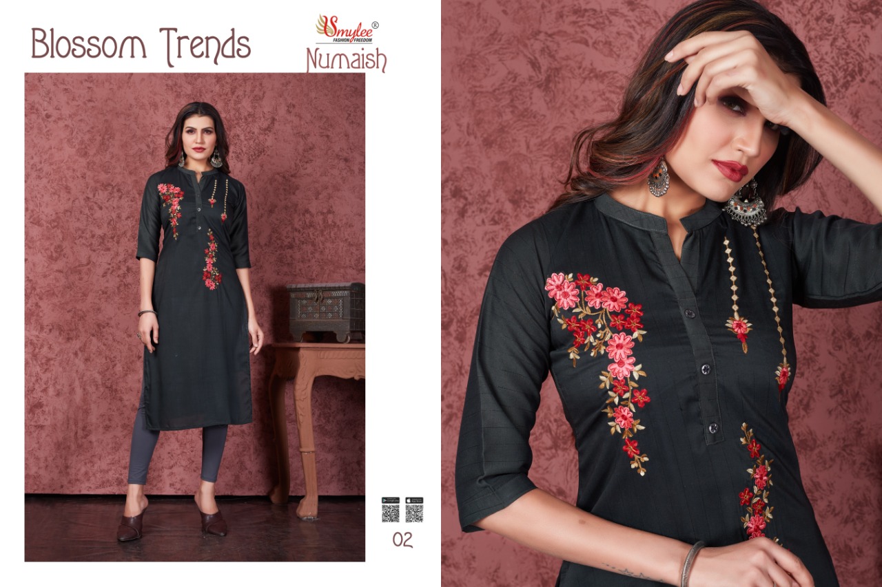 Smylee Fashion Numaish Heavy Silk Weving Lining With Manual Embroidery Work Long Straight Type Casual Wear Kurtis Wholesaler Surat
