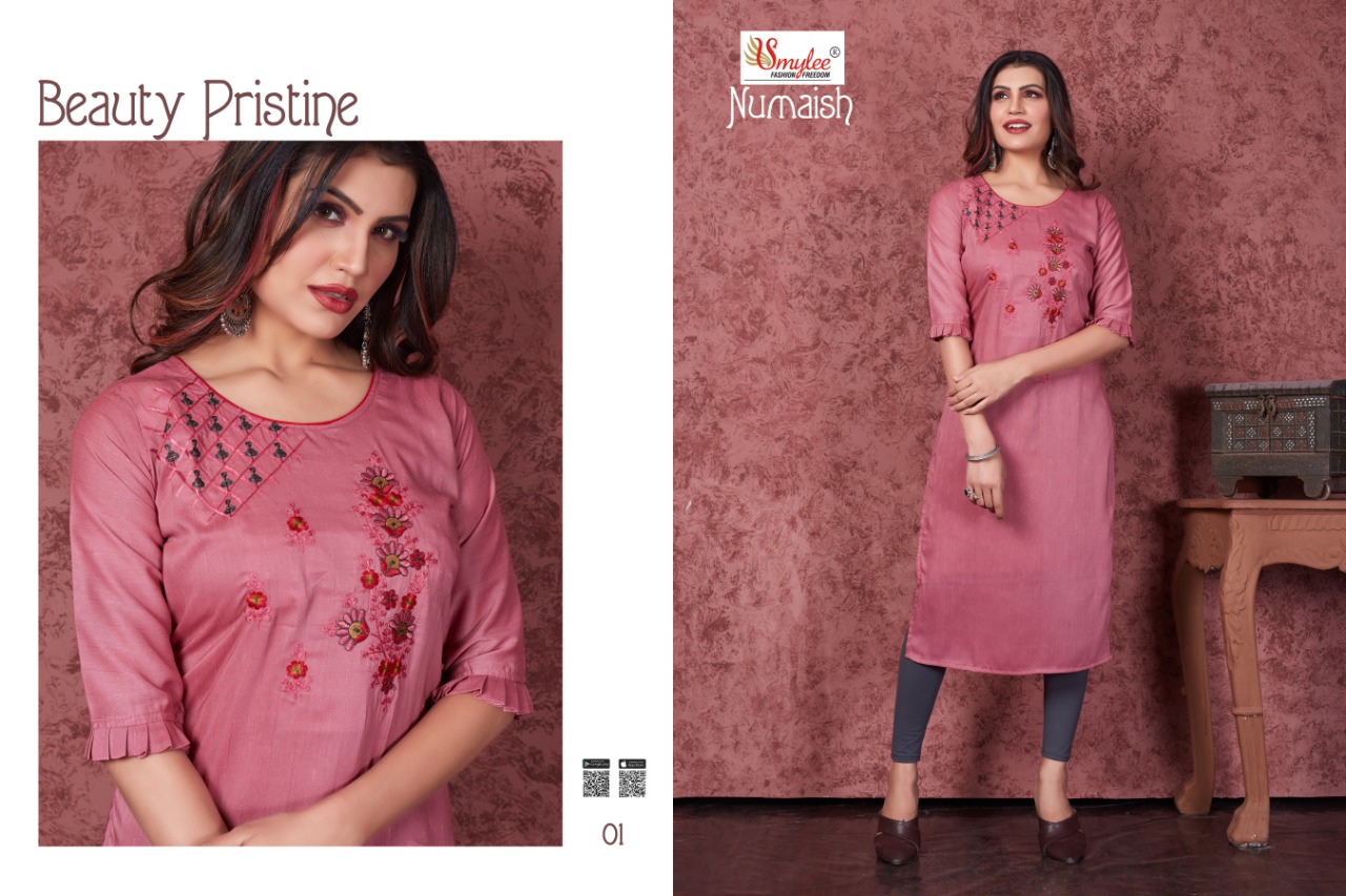 Smylee Fashion Numaish Heavy Silk Weving Lining With Manual Embroidery Work Long Straight Type Casual Wear Kurtis Wholesaler Surat