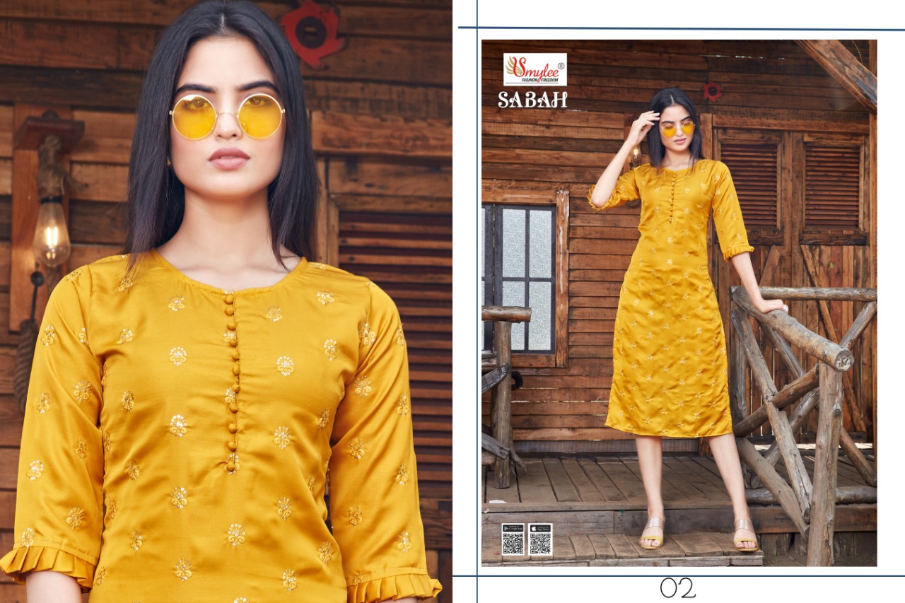Smylee Fashion Sabah Heavy Fiona Silk With All Over Manual Embroidery Work Long Straight Type Kurtis Wholesale Dealer Surat