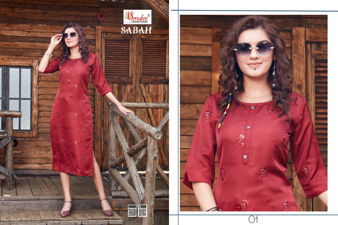 Smylee Fashion Sabah Heavy Fiona Silk With All Over Manual Embroidery Work Long Straight Type Kurtis Wholesale Dealer Surat
