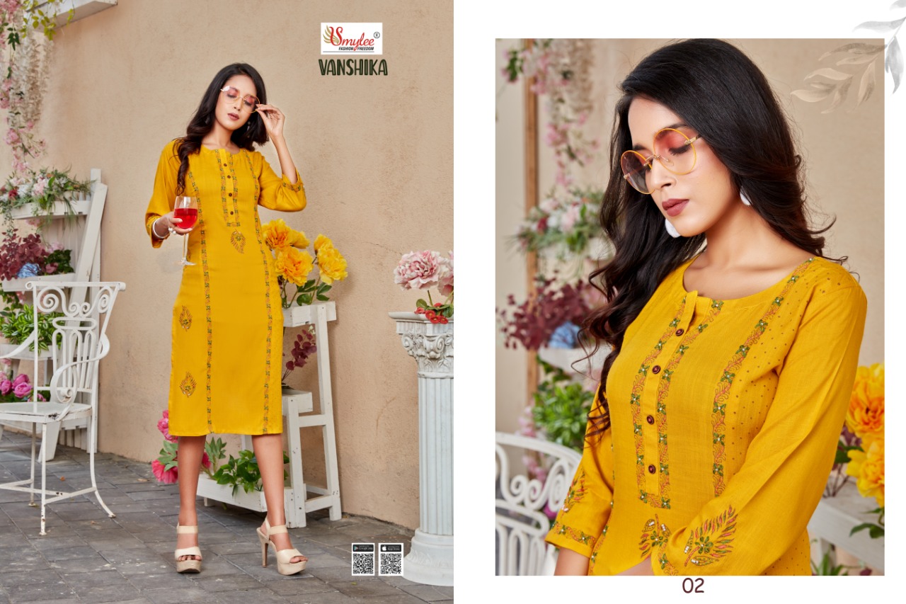 Smylee Fashion Vanshika Heavy Slub Rayon Screen Print With Manual Handwork Casual Wear Kurtis Wholesale Dealer Surat
