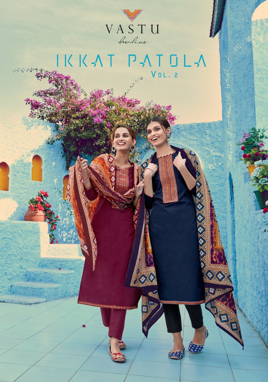 Vastu Tex Ikkat Patola Vol 2 Pure Lawn Print Neck Daman Embroidery Work Dress Material Salwar Suits Wholesale Dealer Surat