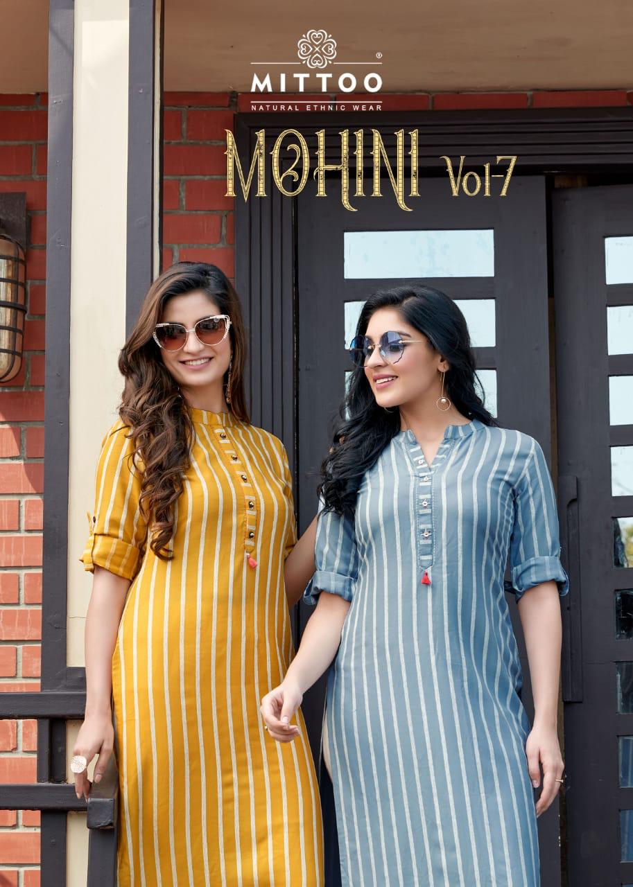 Mittoo Mohini Vol 7 Rayon Weaving Stripes Long Straight Type Regular Wear Kurtis And Bottoms Wholesale Dealer Surat
