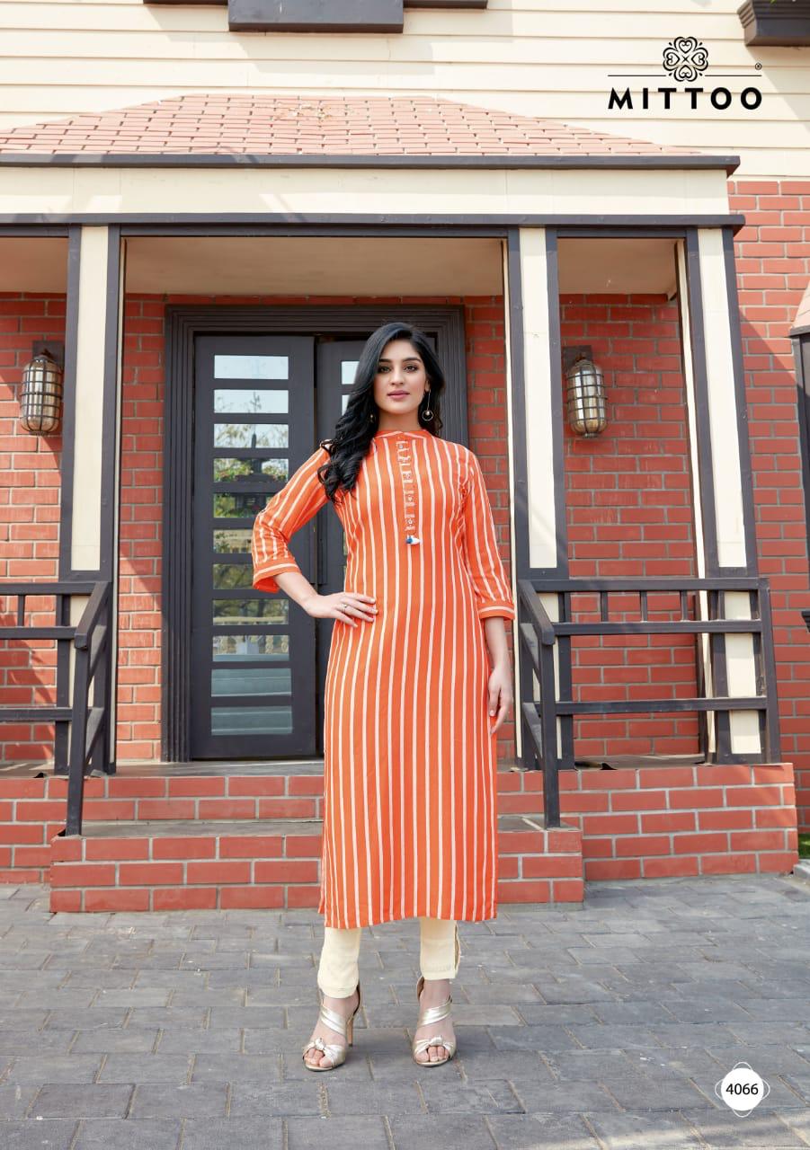 Mittoo Mohini Vol 7 Rayon Weaving Stripes Long Straight Type Regular Wear Kurtis And Bottoms Wholesale Dealer Surat