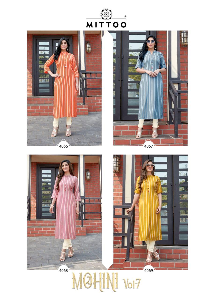 Mittoo Mohini Vol 7 Rayon Weaving Stripes Long Straight Type Regular Wear Kurtis And Bottoms Wholesale Dealer Surat