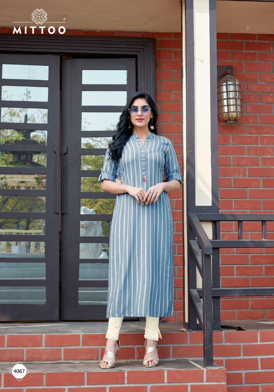 Mittoo Mohini Vol 7 Rayon Weaving Stripes Long Straight Type Regular Wear Kurtis And Bottoms Wholesale Dealer Surat