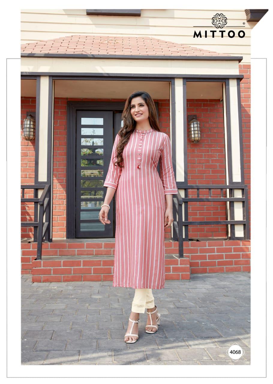 Mittoo Mohini Vol 7 Rayon Weaving Stripes Long Straight Type Regular Wear Kurtis And Bottoms Wholesale Dealer Surat