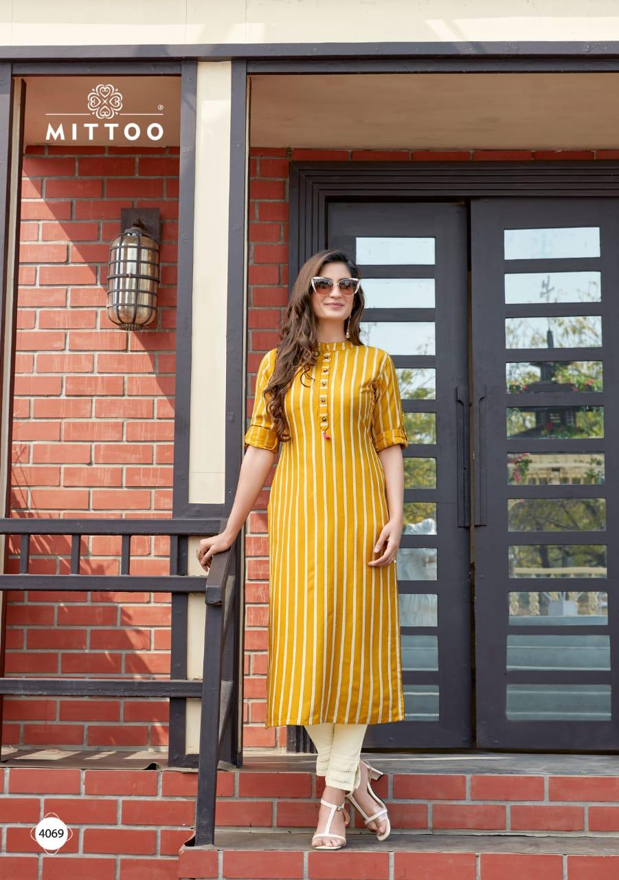 Mittoo Mohini Vol 7 Rayon Weaving Stripes Long Straight Type Regular Wear Kurtis And Bottoms Wholesale Dealer Surat