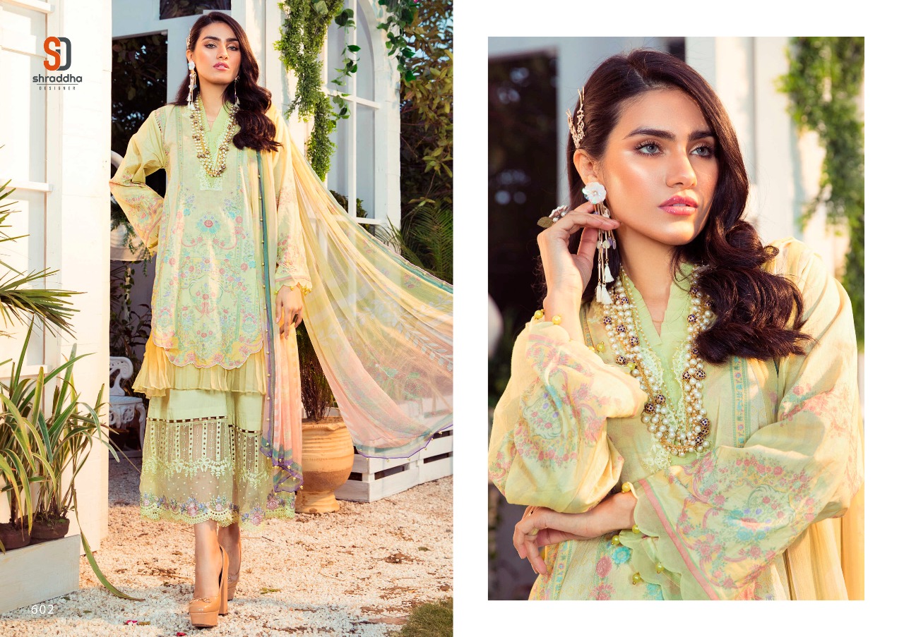 Shraddha Designer M Print Vol 6 Lawn Cotton Printed With Heavy Embroidery Work Salwar Kameez Wholesale Dealer Surat
