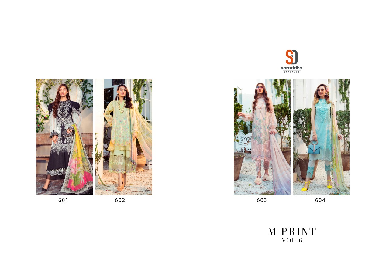 Shraddha Designer M Print Vol 6 Lawn Cotton Printed With Heavy Embroidery Work Salwar Kameez Wholesale Dealer Surat