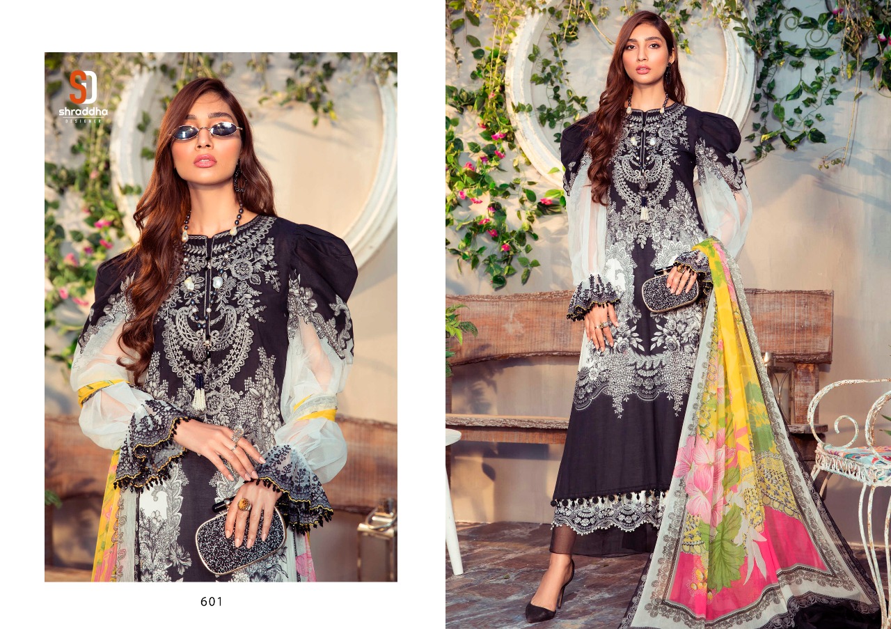 Shraddha Designer M Print Vol 6 Lawn Cotton Printed With Heavy Embroidery Work Salwar Kameez Wholesale Dealer Surat