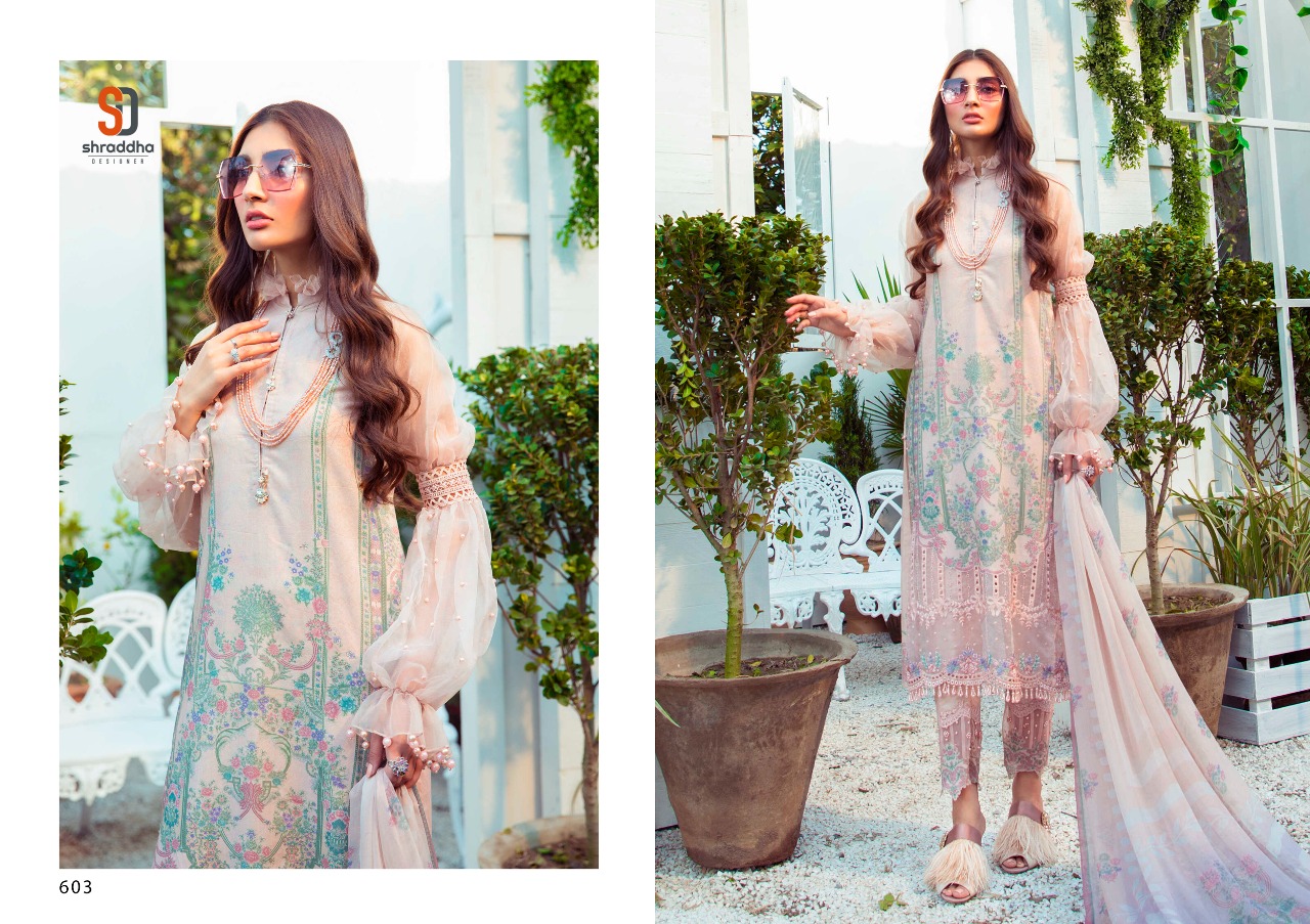 Shraddha Designer M Print Vol 6 Lawn Cotton Printed With Heavy Embroidery Work Salwar Kameez Wholesale Dealer Surat