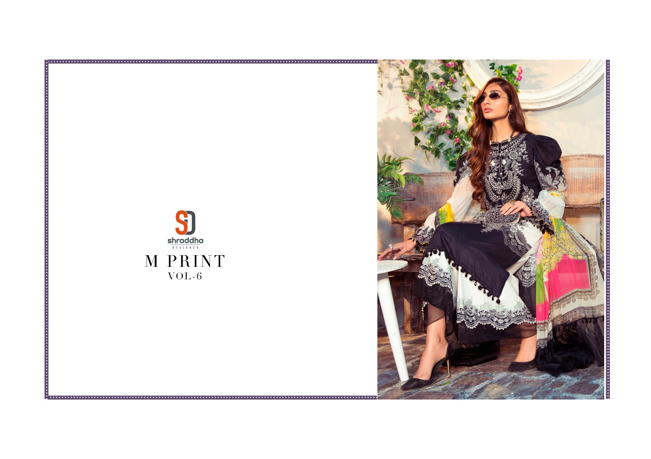 Shraddha Designer M Print Vol 6 Lawn Cotton Printed With Heavy Embroidery Work Salwar Kameez Wholesale Dealer Surat