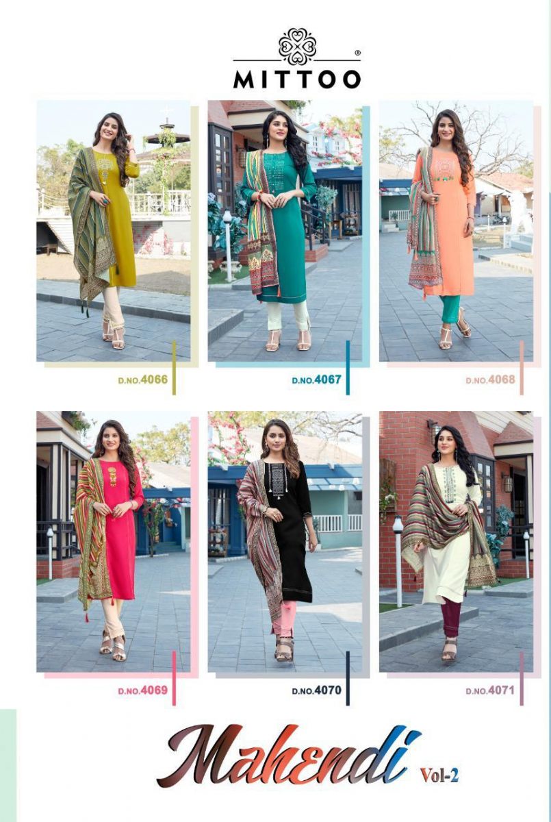 Mittoo Fashion Mahendi Vol 2 Heavy Rayon With Embroidery Hand Work Casual Wear Kurtis Wholesale Dealer Surat