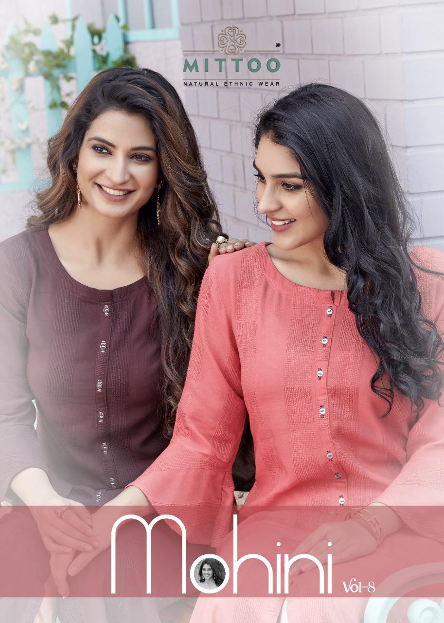 Mittoo Fashion Mohini Vol 8 Rayon Weaving Stripes Long Straight Type Casual Wear Kurtis And Bottoms Wholesale Dealer Surat